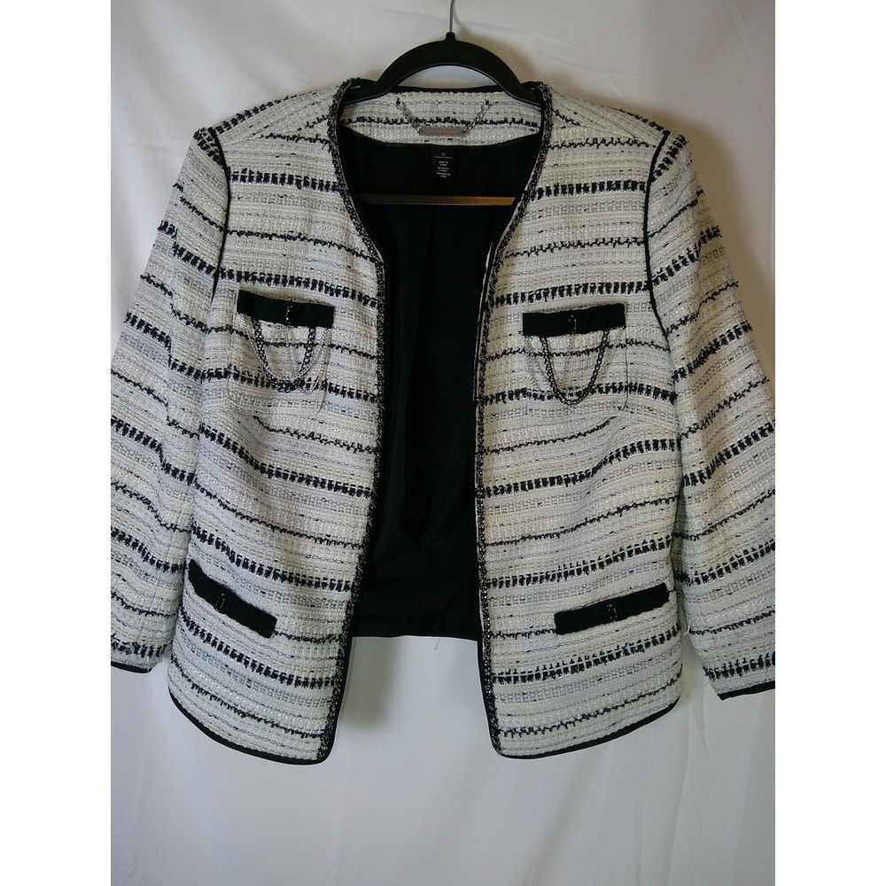 White House Black Market Tweed Jacket Womens 12 Black‎ White Chain Trim Blazer